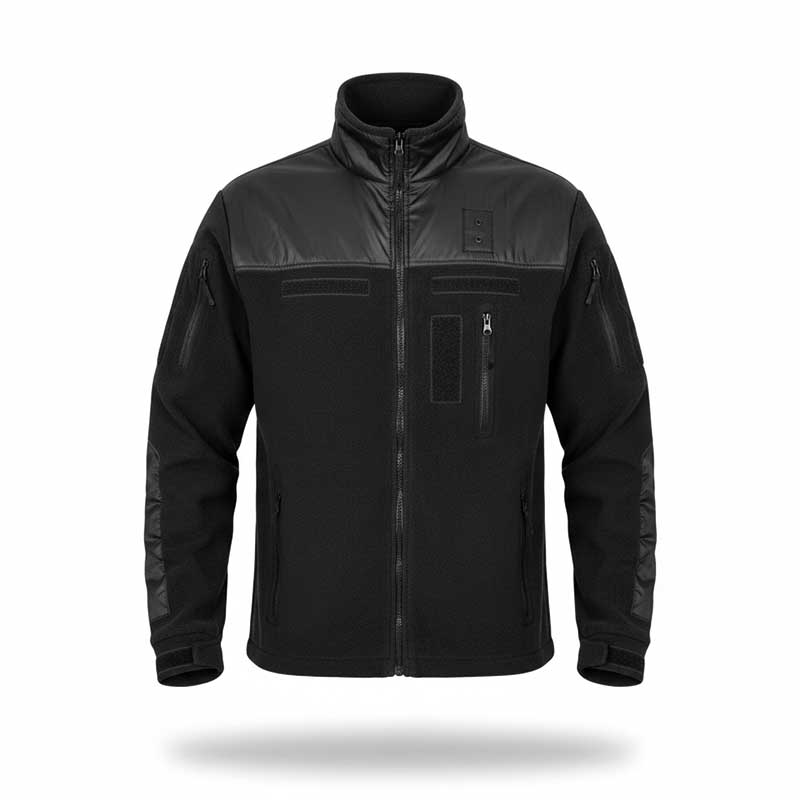 Чорна флісова куртка мілітарі під нанесення. Приклад брендування зносостійкого тактичного одягу. Чорна флісова куртка мілітарі під нанесення. Приклад брендування зносостійкого тактичного одягу.