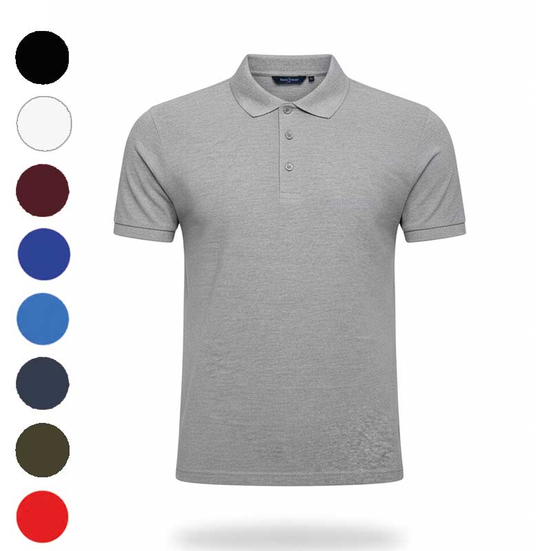 Сіре поло меланж для персоналу з нанесенням бренду. Практична бавовняна основа під вишивку та друк. Сіре поло меланж для персоналу з нанесенням бренду. Практична бавовняна основа під вишивку та друк.