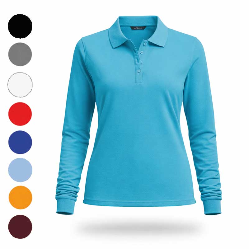 Синє жіноче поло з довгим рукавом із вишитим логотипом. Елегантна форма для дівчат-адміністраторів та офісу. Синє жіноче поло з довгим рукавом із вишитим логотипом. Елегантна форма для дівчат-адміністраторів та офісу.