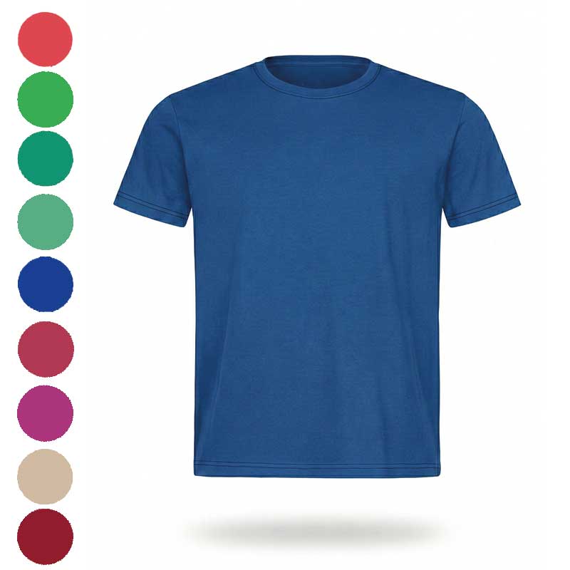 Палітра різнокольорових футболок під брендування. Приклад корпоративного одягу в різних відтінках для івентів та мерчу. Синя футболока під брендування. Приклад корпоративного одягу в різних відтінках для івентів та мерчу.