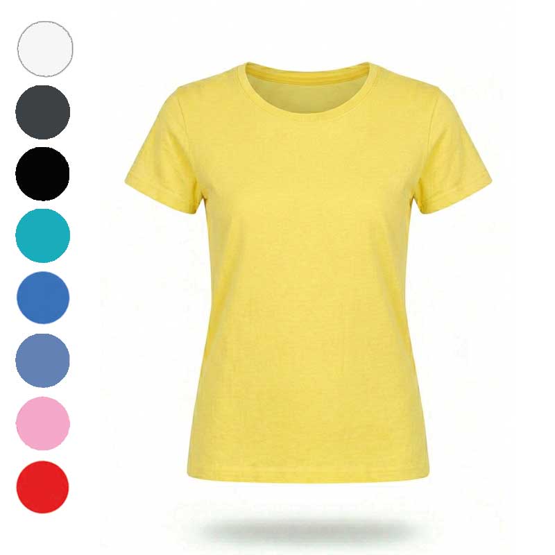 Палітра різнокольорових футболок під брендування. Приклад корпоративного одягу в різних відтінках для івентів та мерчу. Жовта жіноча футболок під брендування. Приклад корпоративного одягу в різних відтінках для івентів та мерчу.