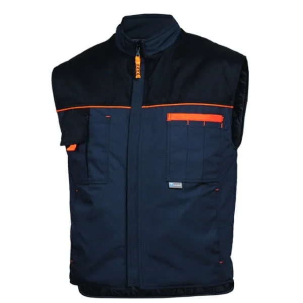 Робочий сигнальний жилет зі світловідбиваючими смугами та печаткою логотипа. Брендування спецодягу для безпеки