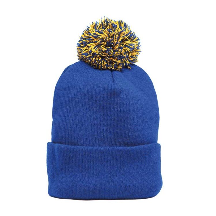 Синя зимова шапка з жовтим помпоном. Виготовлення вишивки корпоративного лого на замовлення.